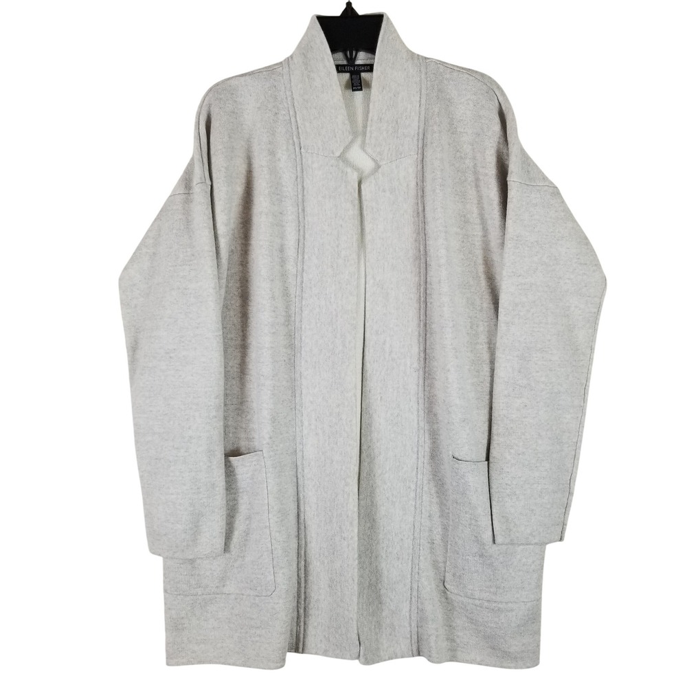 Eileen Fisher Cardigan Women XS Grey Merino Wool Silk Open Front Longline